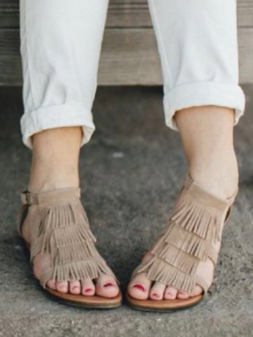 Minnetonka Size 7 Maui Fringe Suede Leather Sandals Ankle Strap T Beige Taupe